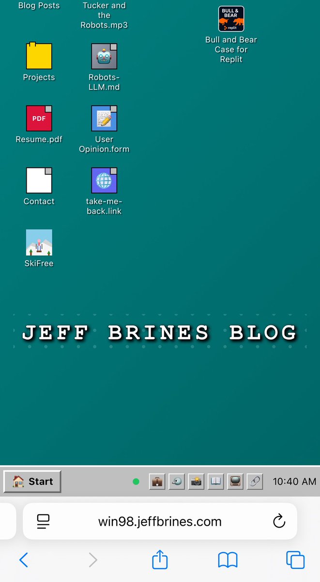 What do you all think of my new personal site? Should I commit to it or are your eyes 👀 in fact burning and your brain 🧠 going full ptsd from awful 90s OSs? — More fun times with <a href="/Replit/">Replit ⠕</a> <a href="/amasad/">Amjad Masad</a>  - win98.jeffbrines.com