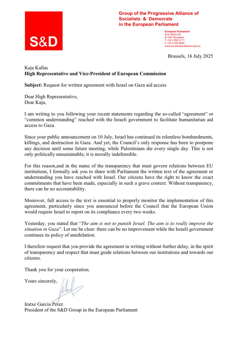 IratxeGarper's tweet image. I have sent a letter to @kajakallas requesting the text of the “agreement” or “common understanding” reached with Israel on humanitarian aid access to Gaza.
🇪🇺 EU must act with transparency and demand accountability.
Our credibility is at stake.