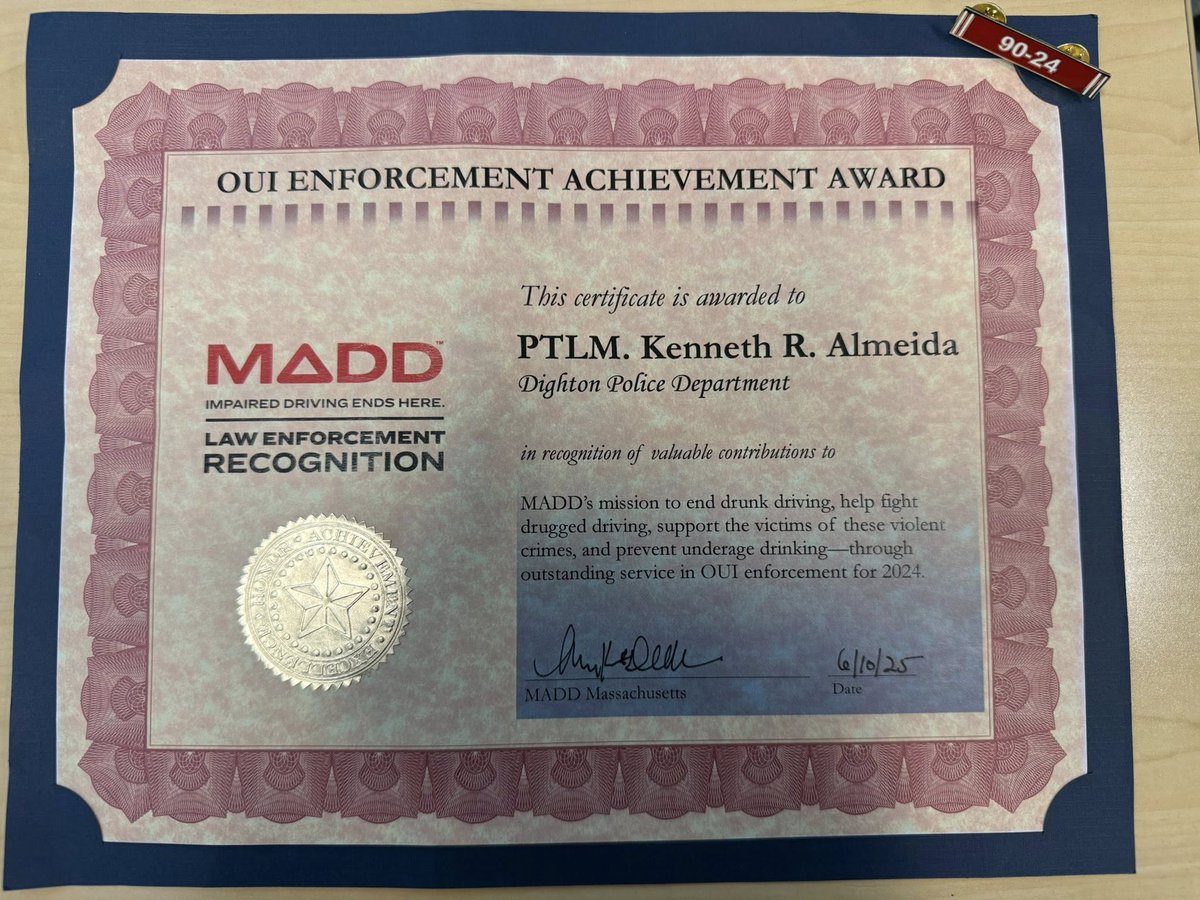 Chief George Nichols would like to recognize Dighton Police Patrolman Kenneth Almeida for his continued dedication and vigilance on the road every day. He was recently honored with a Mothers Against Drunk Driving (MADD) Award for his outstanding work in OUI enforcement. Congrats!