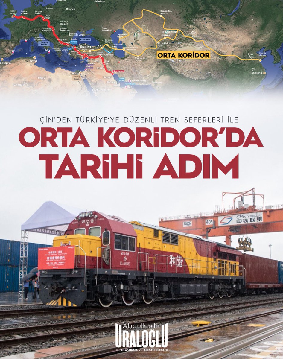 Orta Koridor’da Tarihi Adım! 🗺️

🚆 Çin’in Chongqing ve Chengdu şehirlerinden yola çıkan iki yük treni, Orta Koridor üzerinden Türkiye’ye ulaşmak üzere yolda!

Bu tarihi sefer, Türkiye’nin Asya ile Avrupa arasında lojistik merkez olma vizyonunun en somut adımıdır.

🌍 Trenler 3