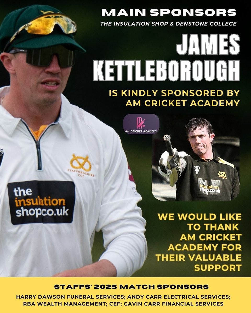 We would like to extend our thanks to AM Cricket Academy for their kind sponsorship of captain <a href="/JKetts1305/">James Kettleborough</a> for the 2025 <a href="/NCCA_uk/">NCCA (National Counties Cricket Association)</a> season. Their support is hugely appreciated. 💙👍🏏