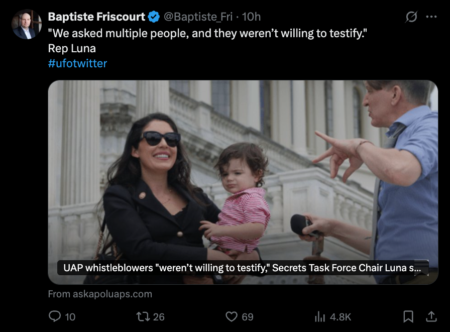 MiddleOfMayhem's tweet image. It is absolutely baffling to watch Rep. Anna Paulina Luna (R-FL) continue to chase after dubious UFO activists who've lied, deceived, and avoided all opportunities to give up the goods. Luna has every reason to kick them to the curb. But, nevertheless, she persisted.