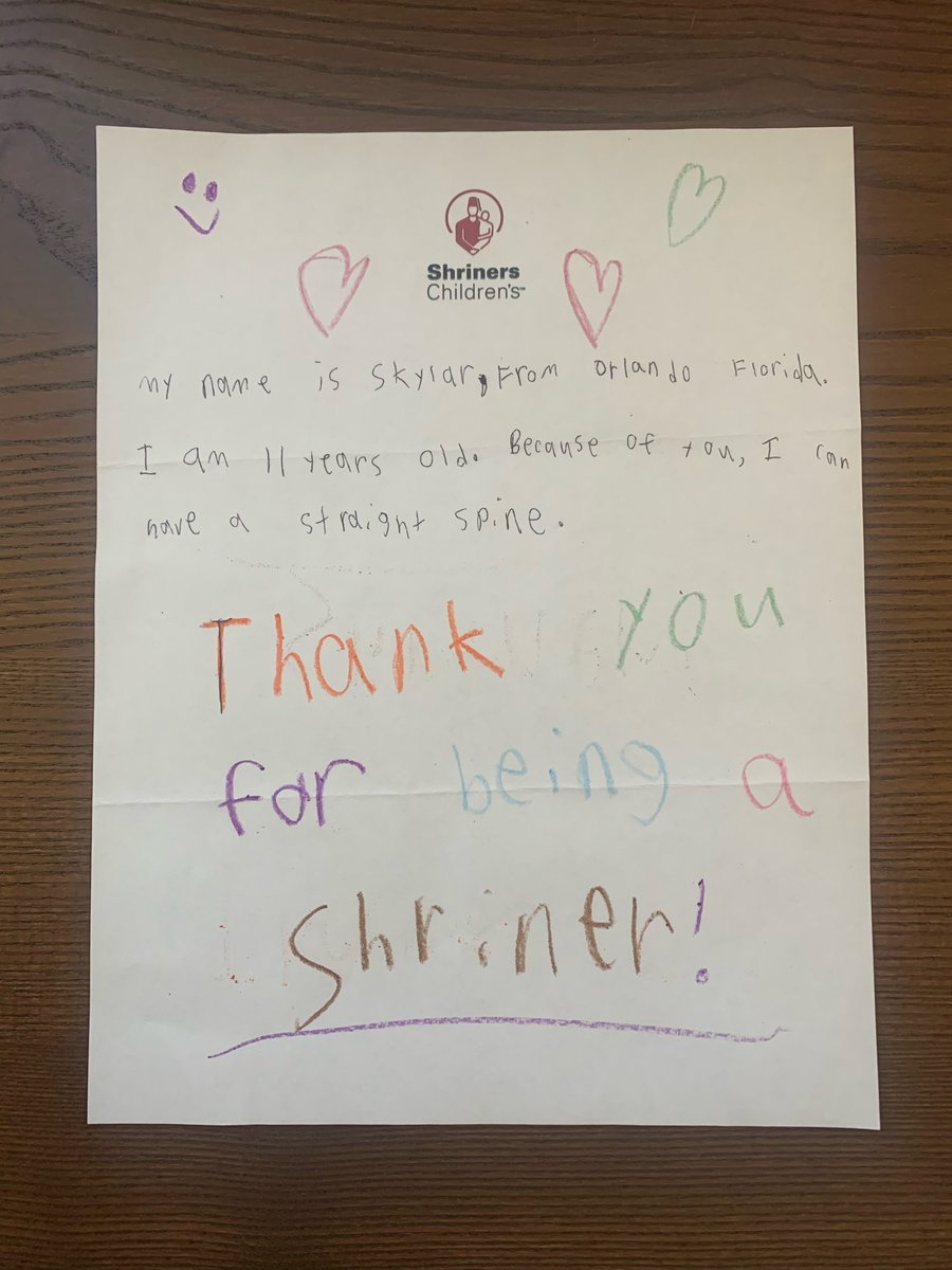 ShrinersFlorida's tweet image. A personalized thank you note from a Shriners Children's Florida patient is a clear #WhatsGoodWeds moment! 📝😍 "My name is Skylar, from Orlando, FL. I am 11 years old. Because of you, I can have a straight spine. Thank you for being a Shriner!" ❤️🥰 #TY @shriners @shrinershosp