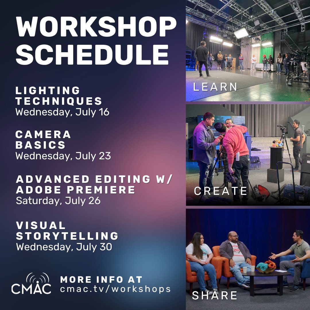 CMACTV's tweet image. Bring your ideas to life with CMAC! 🌟
CMAC’s workshops are designed to help you get comfortable with the camera, learn editing tools like Premiere Pro, and start creating the stories you want to do.
Take that first step. 🚀💫
cmac.tv/workshops
#CommunityMedia #Workshops