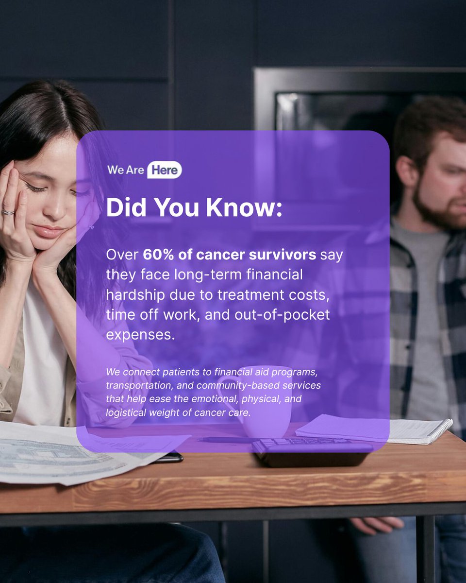 Did You Know? 
Nearly 60% of working-age cancer survivors face financial hardship—many forced to choose between treatment and survival.
At We Are Here, we connect patients to financial aid, emotional support &amp; advocacy—because care should never depend on your income. #Cancer