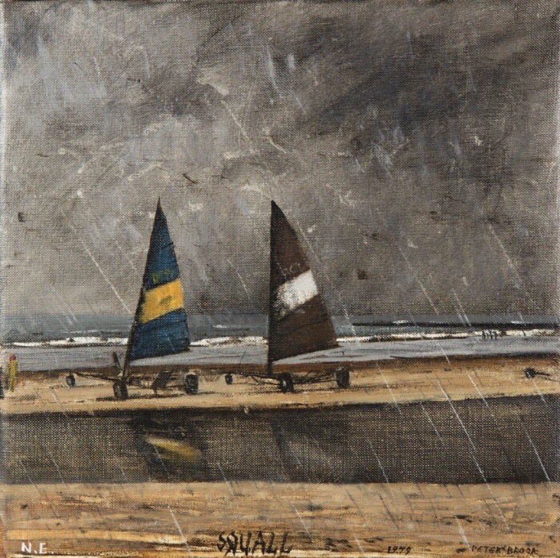 PennineThe's tweet image. Peter Brook’s beach and coastal scenes are few and far between. Typically, ‘N.E. - Squall’ from 1979, possibly a view of Redcar, portrays not an idyllic summer’s day, but a bout of bad weather, which judging by the colour of the sky looks set to continue for some time.