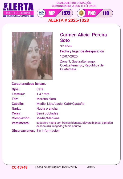 #AlertaIsabelClaudina
📷 Ayúdenos a encontrar a
Carmen Alicia Pereira Soto
Cualquier información comunicarse al teléfono  📷 1572
Gracias por difundir esta información📷