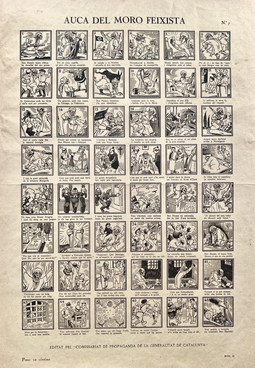 #Dijousdetotselspapersdelauca

#Taldiacomavui de 1936 un general feixista anomenat Franco va iniciar un cop d'estat que en fracassar degenerà en una Guerra Civil.

El Comissariat de Propaganda de la Generalitat edità auques antifeixistes com aquesta dedicada als regulars rifenys.