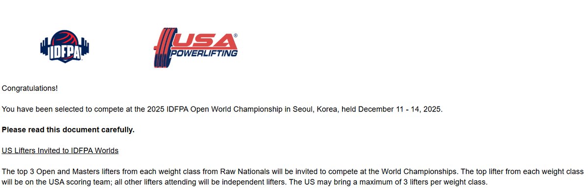yoshi735's tweet image. Secured the invite for the IDFPA World with my 2nd place at the 2025 USAPL Raw National. Accepted the invitation - could be my last chance to be a part of Team USA.

@USAPowerlifting @MayoHemeOnc