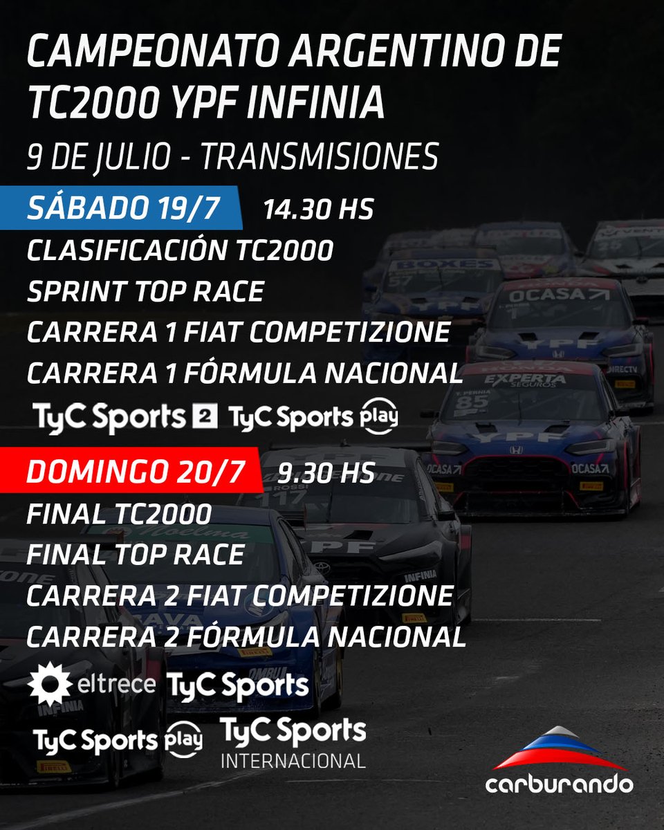 CarburandoTV's tweet image. ¡Fin de semana a puro motor! 🏁🔥

📺 Te compartimos los horarios de transmisión de Carburando para que sigas toda la acción en pista junto al @SuperTC2000, @TopRaceOk, @F20Oficial y @fiatcomparg en 9 de Julio.

#TC2000 #TopRace #FórmulaNacional #FiatCompetizione