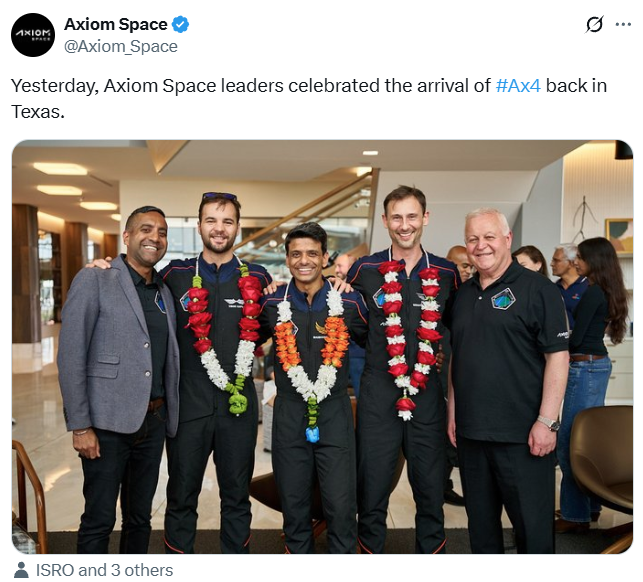 ians_india's tweet image. Yesterday, Axiom Space leaders celebrated the arrival of #Ax4 back in Texas: Axiom Space