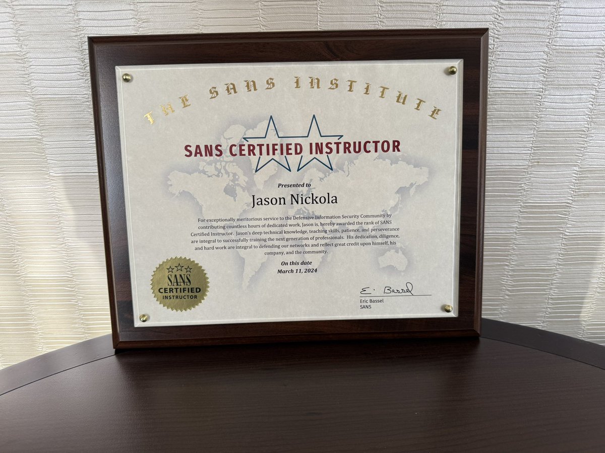 Jason Nickola (@chm0dx) on Twitter photo It’s been a while since I was officially promoted to Certified Instructor at <a href="/SANSInstitute/">SANS Institute</a> but I’m giddy about it again now that I’ve received this sweet plaque! It’s been a while since I was officially promoted to Certified Instructor at <a href="/SANSInstitute/">SANS Institute</a> but I’m giddy about it again now that I’ve received this sweet plaque!