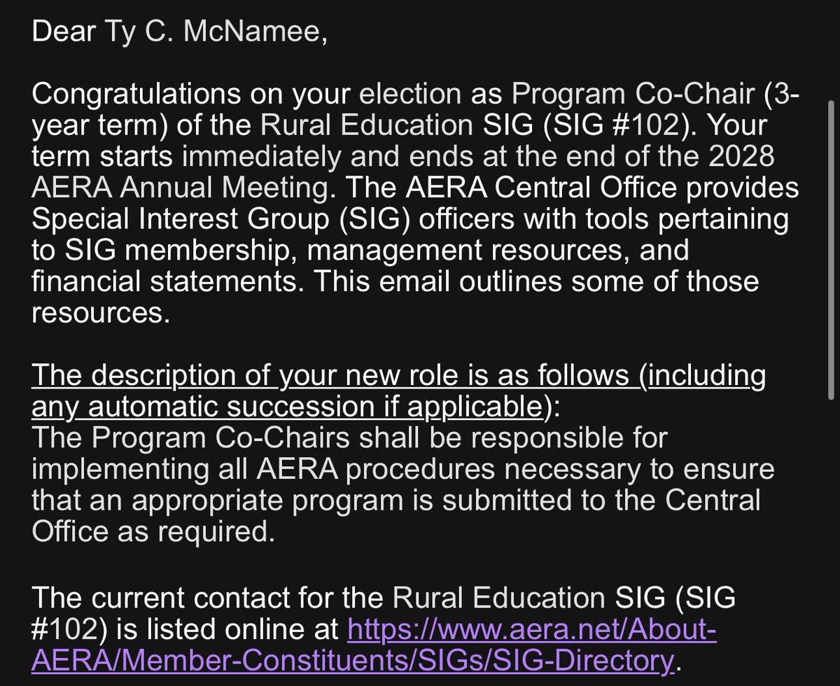 I’m SO excited to have been elected Program Co-Chair of the <a href="/AERA_EdResearch/">AERA</a> Rural Ed SIG! THANK YOU to all who voted for me! Looking forward to serving alongside Co-Chair Kessa Roberts, under SIG Chair Cat Biddle! Can’t wait to plan an awesome rural-focused program for y’all! 👏
