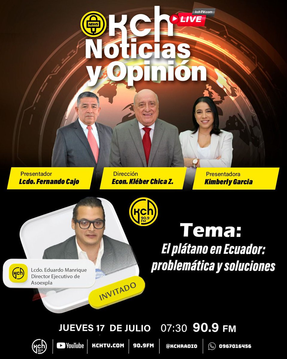 asoexpla's tweet image. 📻 Este jueves 17 de julio a las 07h30, nuestro Director Ejecutivo Eduardo Manrique estará  en @kchradio (90.9 FM) para hablar sobre:

🎙️ “El plátano en Ecuador: problemática y soluciones”

Transmisión en: kchtv.com
#ASOEXPLA #PlátanoEcuatoriano #KCHRadio