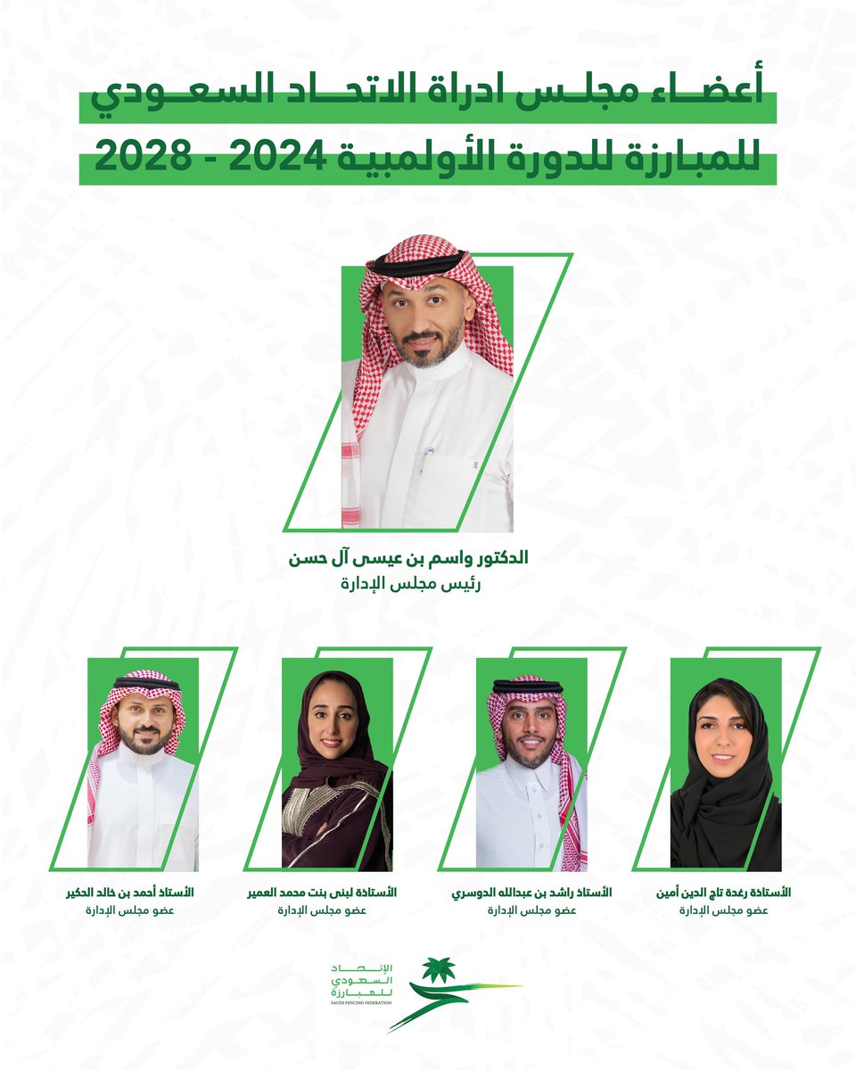 Wasem Alhassan واسم آل حسن (@wasem_alhassan) on Twitter photo Honored to announce the new Board of the Saudi Fencing Federation (2024–2028).
Grateful for all the warm wishes, especially from The Fencing Confederation of Asia & <a href="/WAFC2022/">اتحاد دول غرب آسيا للمبارزة WAFC</a> . Looking forward to advancing the sport together. 🤺🇸🇦
#Fencing Honored to announce the new Board of the Saudi Fencing Federation (2024–2028).
Grateful for all the warm wishes, especially from The Fencing Confederation of Asia & <a href="/WAFC2022/">اتحاد دول غرب آسيا للمبارزة WAFC</a> . Looking forward to advancing the sport together. 🤺🇸🇦
#Fencing