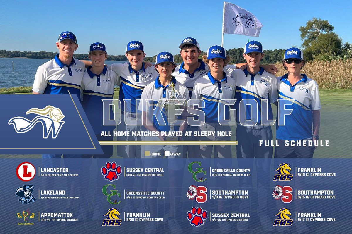 GolfingDukes's tweet photo. Golf season is almost here!!!!!

Tryouts begin July 28th at 2pm at Sleepy Hole in Suffolk. We will meet at WHS at 1:15pm, load on to the activity bus and head to the course.  

We will return to WHS around 8pm. Students will call parents when we are leaving the course. https://t.co/c9pJTPFqT1
