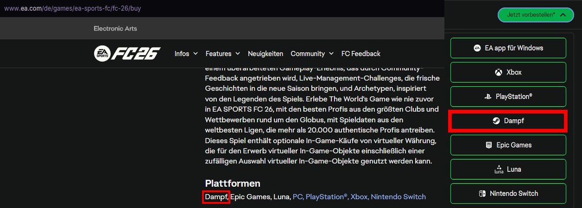 Geil. Das neue <a href="/easportsfcde/">EA SPORTS FC</a> erstmal bei "Dampf" vorbestellen.

(ea.com/de/games/ea-sp…)
