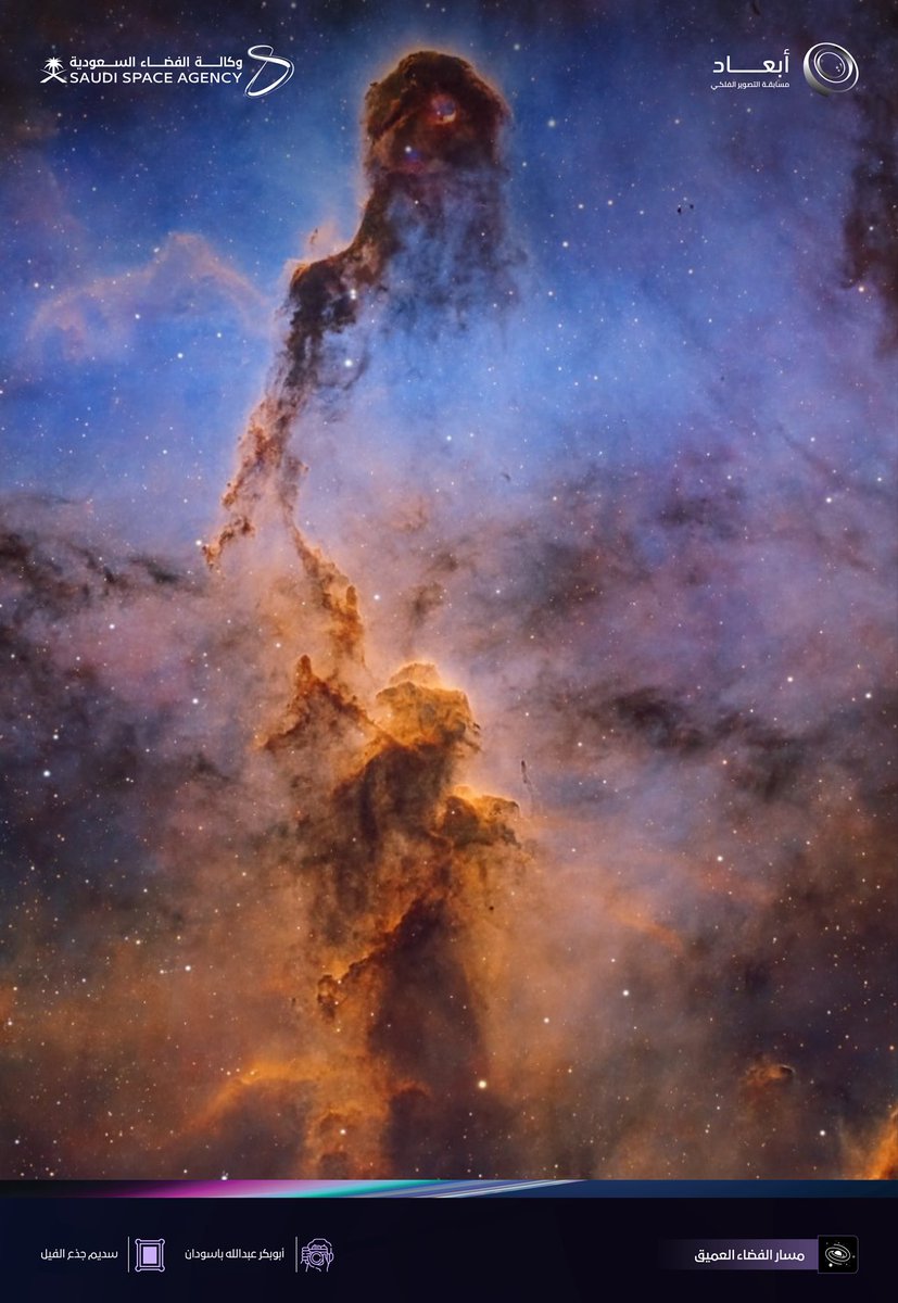 saudispace's tweet image. سديم جذع الفيل |
ضمن مسابقة أبعاد للتصوير الفلكي؛ وثقت عدسة مبدعة سحابة من الغاز والغبار في كوكبة الملتهب، والتي تبعد 2400 سنة ضوئية، وقد اتخذت شكلها الفريد بفعل الرياح النجمية.
#للفلك_أبعاد
#وكالة_الفضاء_السعودية