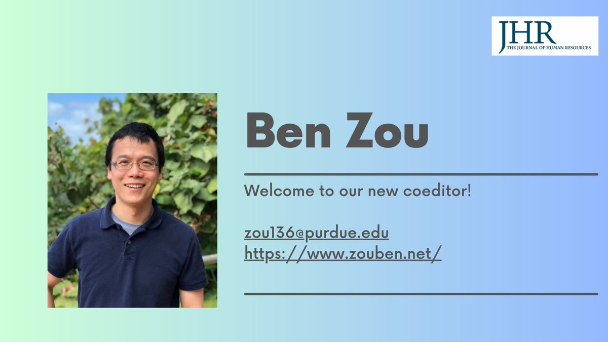 J_HumanResource's tweet image. The Journal of Human Resources is pleased to welcome Ben Zou as a new coeditor. An associate professor of economics at the Mitch Daniels School of Business at Purdue University, Zou’s research interests include labor economics, urban economics, and the Chinese economy.