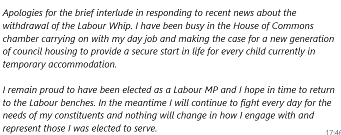 e_casalicchio's tweet image. Labour MP Chris Hinchliff statement - after being stripped of the Labour whip