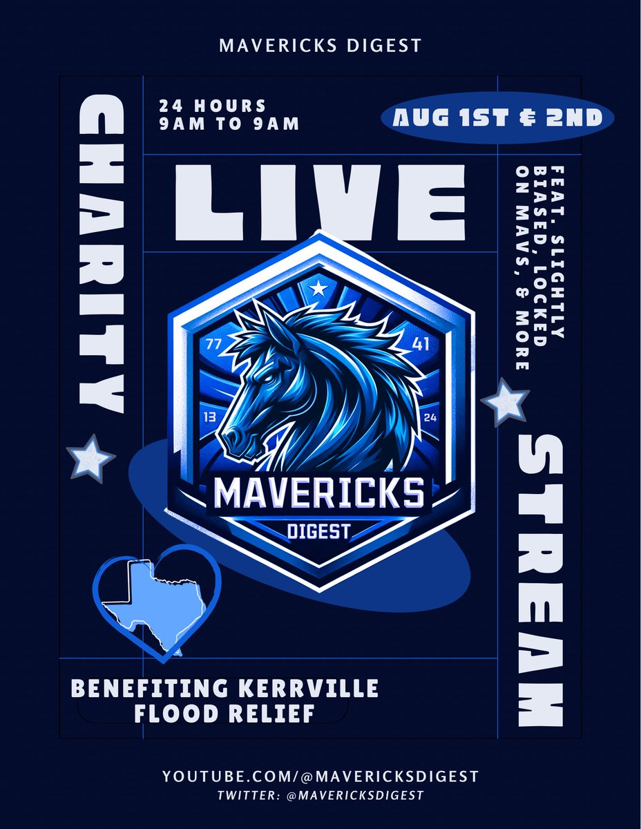 mavericksdigest's tweet image. On August 1st at 0900, I’ll be doing my annual charity live stream. I’ll be streaming for 24hrs and raising money for the flood victims in central Texas. All proceeds will be donated to Convoy Of Hope, as well as the money that the livestream generates in the future, will…