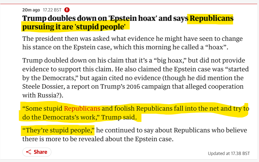 Not really surprised he would call his supporters stupid. He did say, if he ran, he would run as a republican, because they were stupid.