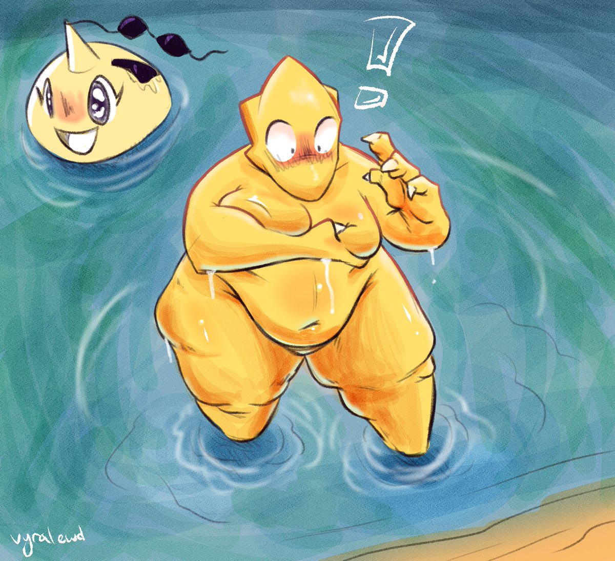 Alphys beating the summer heat in the cool waters of Hometown Lake...isn't she supposed to be wearing a swimsuit, though?