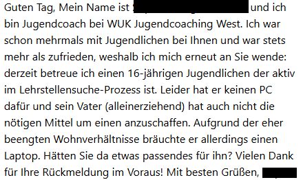 die Nachricht zeigt, wie vielfältig die Probleme der jungen Leute heutzutage sind und natürlich auch, dass wir ganz gut arbeiten :) 

#bildung 
#chancengleichheit 
#pcsfueralle 
#schule
#nachhaltigkeit 
#umweltschutz 
#muellvermeidung 
#upcycling