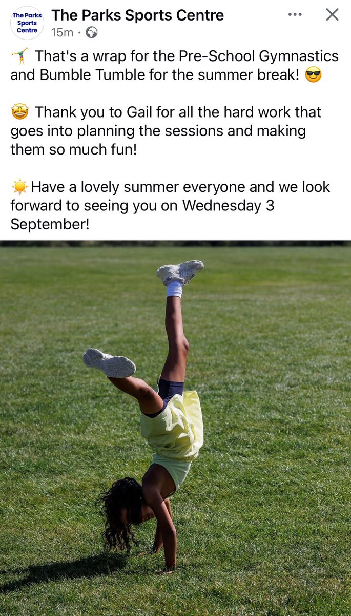 Changes for September 2025 to fit in with club gymnastics!! 
Wednesday nursery 9:30 3/4 years 🤸‍♀️ bumble tumble 3 yrs under 10:30 drop in sessions 💜💜💜💜