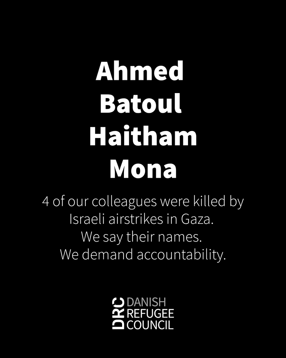 DRC_ngo's tweet photo. We mourn our partner colleagues who were killed in #Gaza—four among the 479 humanitarian workers killed since October 23.

Israel’s ongoing brutality against civilians, carried out with impunity, must end. We demand accountability. Read their stories: https://t.co/S3GtW0uNkk https://t.co/lWw9jihkDf