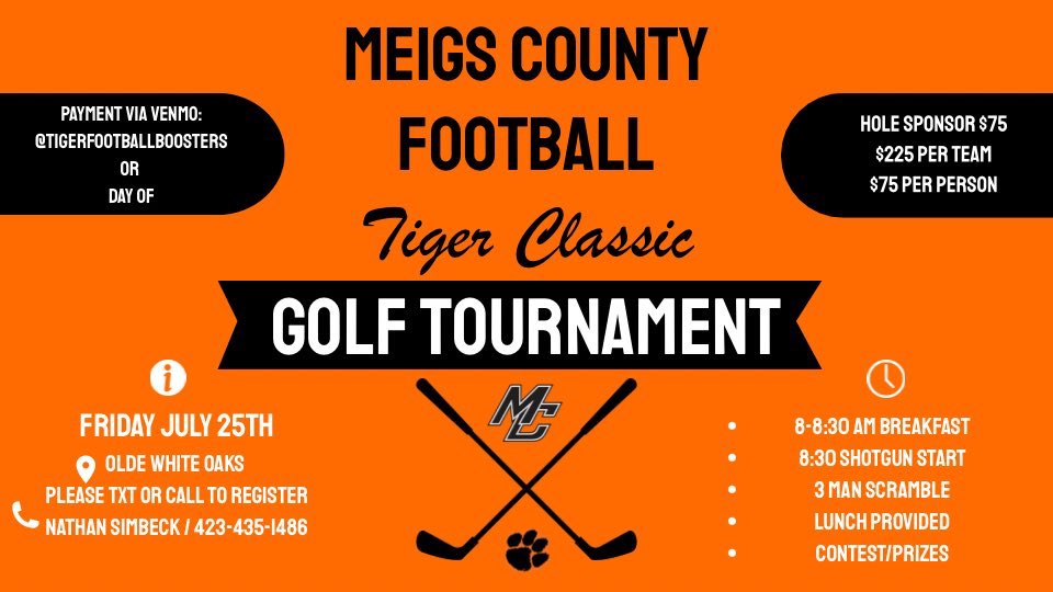 Off The Bench (Chattanooga) (@otb423) on Twitter photo You’ve heard us mention this on OTB Radio … but make plans to participate in the <a href="/MeigsCountyFB/">Meigs County Football</a> Tiger Classic ⛳️ Tournament next Friday July 25th at <a href="/OldeWhiteOaks/">Olde White Oaks Golf Course</a>!
See info below & reach out to <a href="/CoachSimbeck/">Nathan Simbeck</a> to sign up!
<a href="/jlsimsy/">Justin Sims</a> <a href="/TheJeffCate/">Jeff Cate</a> <a href="/TalkRadio1023/">Talk 102.3 WGOW</a> You’ve heard us mention this on OTB Radio … but make plans to participate in the <a href="/MeigsCountyFB/">Meigs County Football</a> Tiger Classic ⛳️ Tournament next Friday July 25th at <a href="/OldeWhiteOaks/">Olde White Oaks Golf Course</a>!
See info below & reach out to <a href="/CoachSimbeck/">Nathan Simbeck</a> to sign up!
<a href="/jlsimsy/">Justin Sims</a> <a href="/TheJeffCate/">Jeff Cate</a> <a href="/TalkRadio1023/">Talk 102.3 WGOW</a>