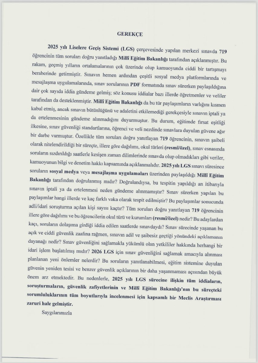 Bursa Milletvekilimiz Sn. Yüksel Selçuk Türkoğlu tarafından “2025 LGS  sürecinde kamuoyuna yansıyan çok sayıda şaibe iddiası, sınav güvenliğine ilişkin zaaflar ve oluşan derin güvensizliğin araştırılması” amacıyla Meclis Başkanlığına sunulan önerge AK Parti ve MHP oylarıyla