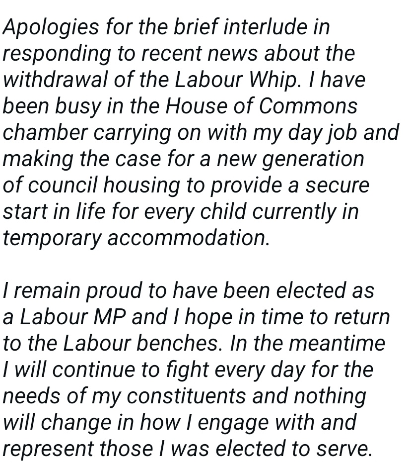 ChrisDay96's tweet image. NEW: Statement just in from @CHinchliffMP after he had the whip suspended