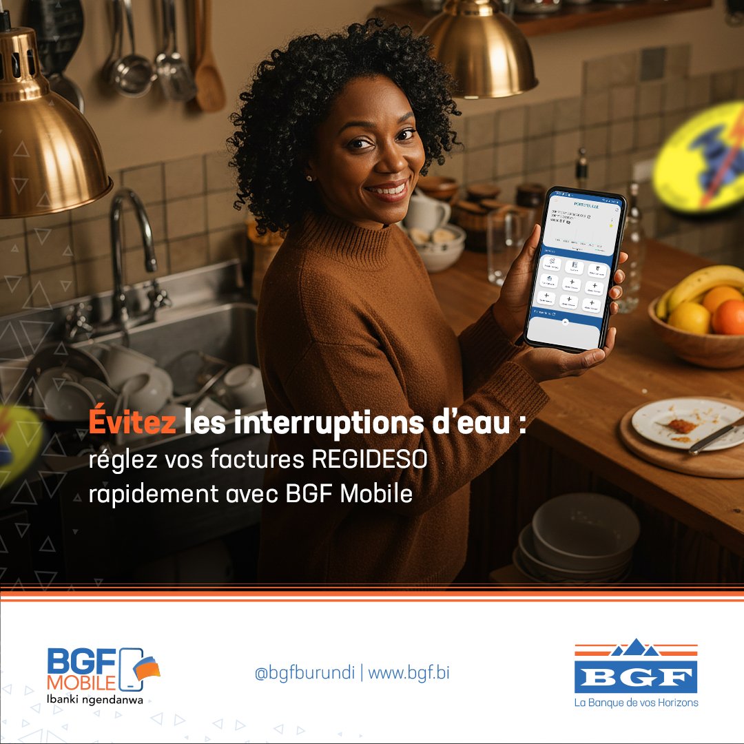 BgfBurundi's tweet photo. Un clic, et vous évitez les coupures d'eau et d'électricité. Ne tardez pas à régler vos factures REGIDESO.
Transactions 100% sécurisées.
Téléchargez BGF Mobile sur Play Store dès maintenant !
#BGF #laBanque #deVosHorizons #Burundi https://t.co/EnLBVkO7Hv