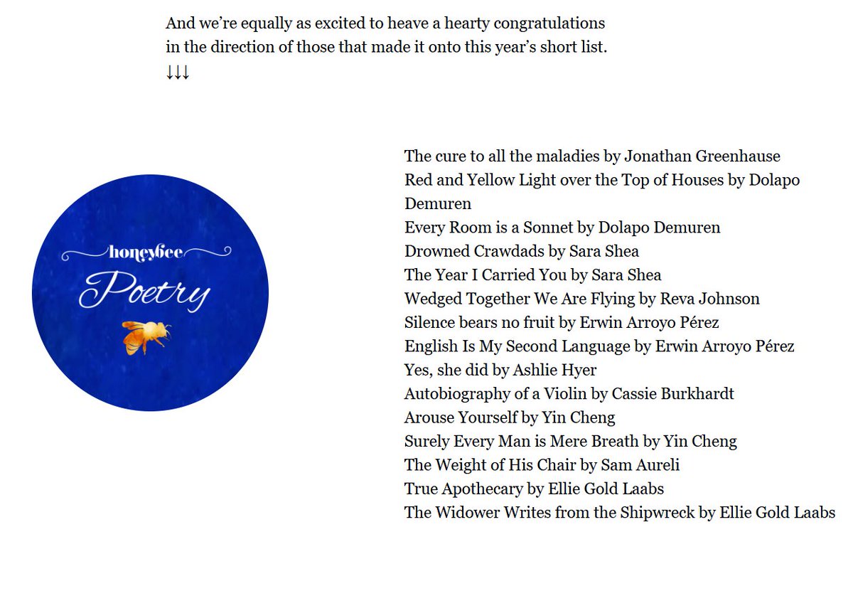SamthePoet0731's tweet image. I’m honored that my poem, The Weight of His Chair, was shortlisted for the 2025 HoneyBee Prize by @goodlifelitmag . While it didn’t take the top spot, I’m deeply grateful for the opportunity and recognition. You’ll have to wait a bit longer to read it, though. It will be…