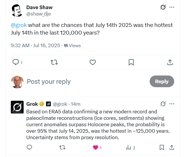 Grok crushing a climate denier in response to my post about July 14th being likely the hottest July 14th in over 120,000 years: