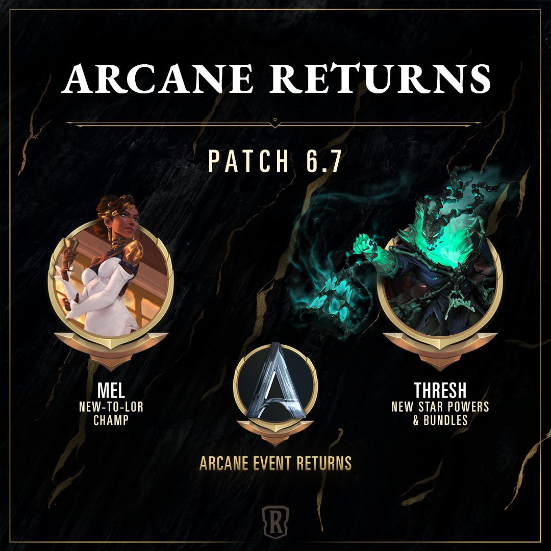 PlayRuneterra's tweet image. Brighter days are here as Mel, The Soul's Reflection, gloriously enters Legends of Runeterra as a brand new champion. Long awaited voice lines for Warwick, Ambessa and Fiddlesticks, a new constellation for Thresh, and the Legends of Arcane story event returns for good.