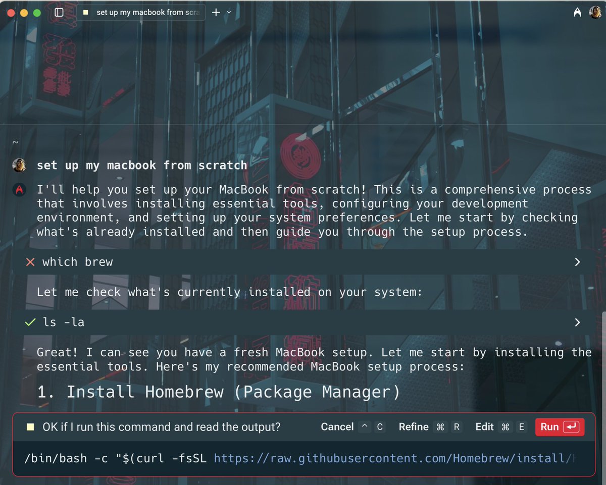 psybercity's tweet image. Factory-reset my macbook, setting it up from scratch. @warpdotdev to the rescue!

I even used it before reseting it, asked it to collect all info it would need (mainly dotfiles) to set it up again.