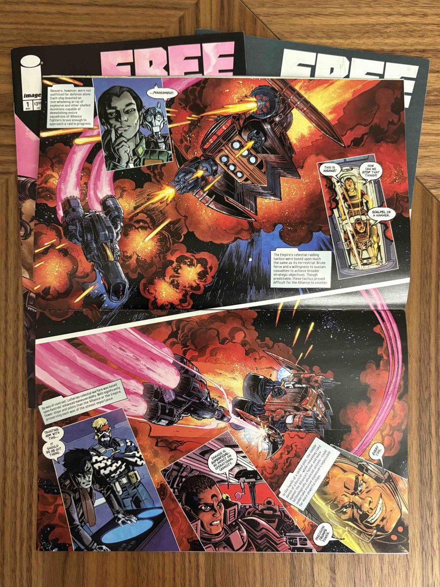 aubreysitterson's tweet image. In comic shops now: FREE PLANET #3, featuring a space dogfight that MUST be experienced in the periodical format because it requires that you BARREL ROLL with us.
Full preview: bit.ly/OrouranAttack