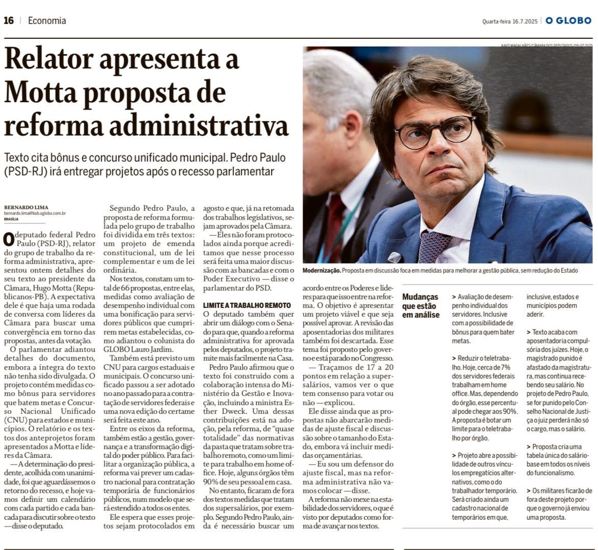 O jornal O Globo destaca, na capa da edição impressa, a apresentação dos resultados do Grupo de Trabalho da Reforma Administrativa ao Presidente @hugomottapb e aos Líderes. Leia a matéria completa! 👇