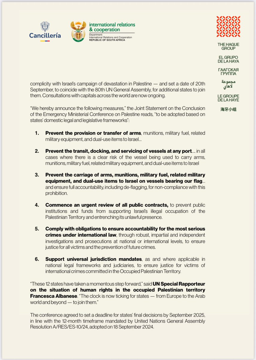 ProgIntl's tweet image. BREAKING 🇨🇴🇵🇸 States announce unprecedented measures to halt the Gaza genocide at emergency conference convened by The Hague Group in Bogotá, Colombia.