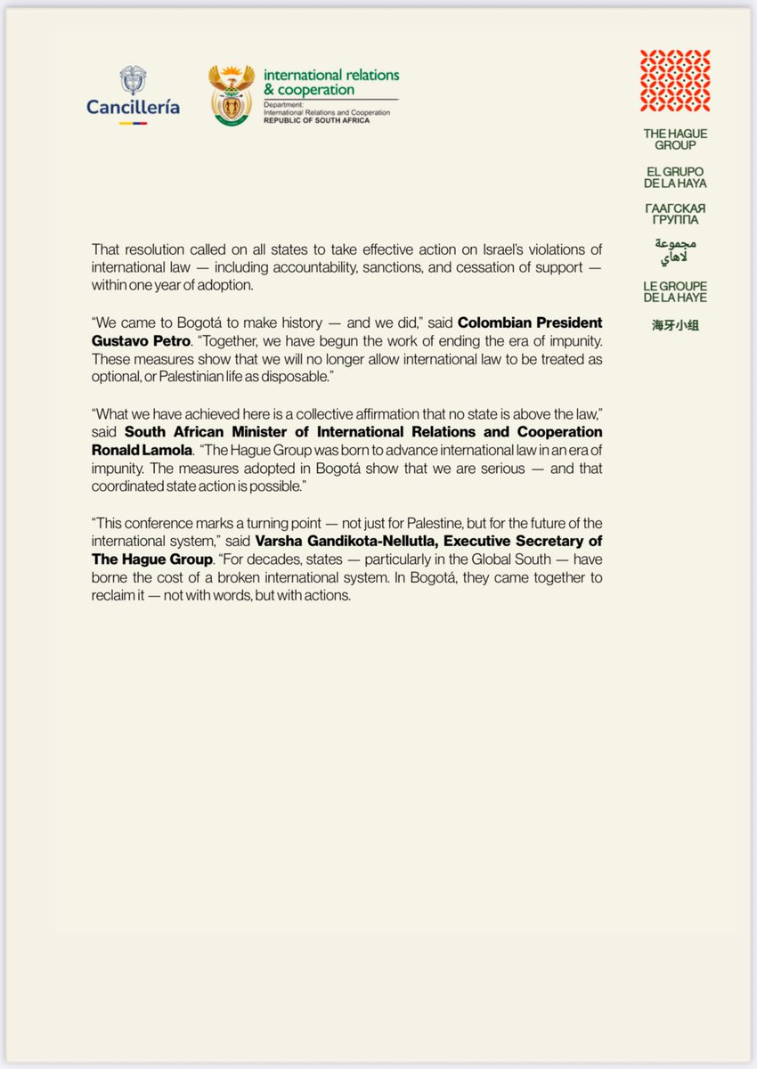 ProgIntl's tweet image. BREAKING 🇨🇴🇵🇸 States announce unprecedented measures to halt the Gaza genocide at emergency conference convened by The Hague Group in Bogotá, Colombia.