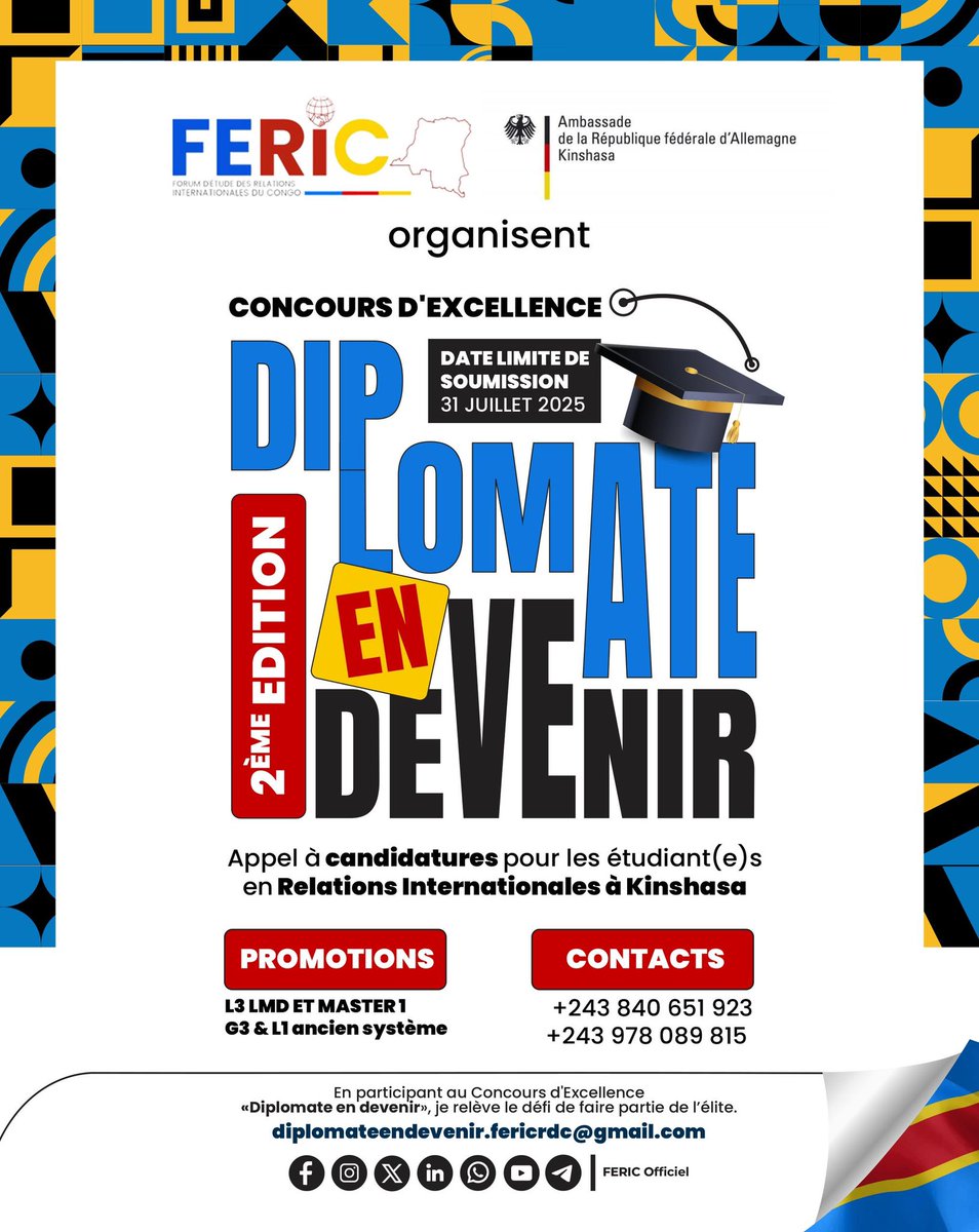 Participez à la 2ème Édition du Concours d’Excellence ✨ Diplomate en devenir et 🏆Remportez le privilège d’une Journée de formation pratique accentuée avec l'Ambassadeur d’Allemagne 🇩🇪en RDC 🇨🇩

…, je relève le défi de faire partie de l’Élite ⭐️ !