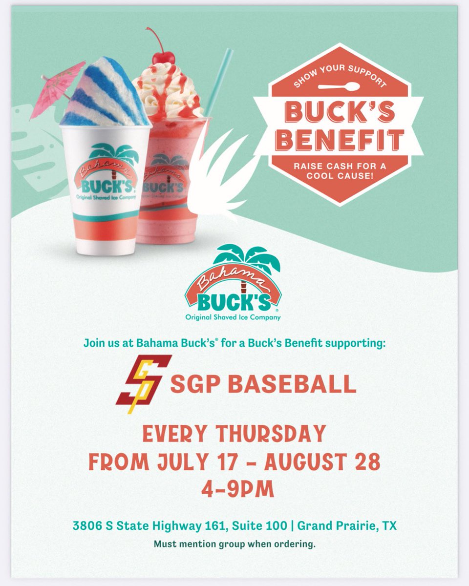 SGP Baseball Nights at Bahama Buck’s!

Cool off with some shaved ice and support SGP Baseball every Thursday from July thru August 28, 4–9pm!

Just make sure you mention “SGP Baseball” when you order!

#wtid👌