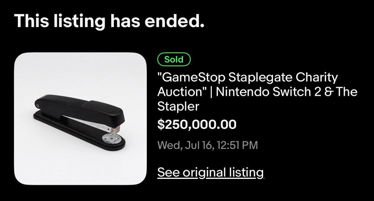 buythefukndip's tweet image. GameStop just sold the StapleGate Stapler for $250k - all proceeds donated to charity