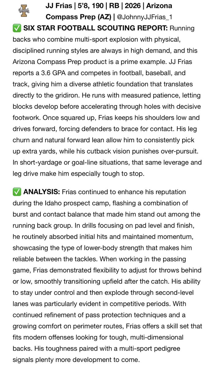 Johnny “JJ” Frias (@johnnyjjfrias_1) on Twitter photo Grateful for another write up🙏🏾💪🏾
<a href="/azcompassfb/">AZ Compass Football</a>
<a href="/JaelenStrong/">Coach Strizz</a>
<a href="/VandalFootball/">Idaho Football</a>
<a href="/CoachTFord/">Thomas Ford Jr</a>
<a href="/CoachDunbar25/">Lance Dunbar</a>
<a href="/sixstarfootball/">Six Star Football | PLUS+</a> Grateful for another write up🙏🏾💪🏾
<a href="/azcompassfb/">AZ Compass Football</a>
<a href="/JaelenStrong/">Coach Strizz</a>
<a href="/VandalFootball/">Idaho Football</a>
<a href="/CoachTFord/">Thomas Ford Jr</a>
<a href="/CoachDunbar25/">Lance Dunbar</a>
<a href="/sixstarfootball/">Six Star Football | PLUS+</a>