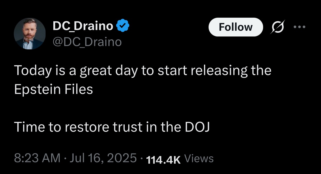 Hey moron. He already did this. They gave you the Epstein folder. Remember, @dc_draino? Now Trump is saying it's a hoax and bullshit and you're a weakling.

Time to restore trust in Ruggin O'Handjob!