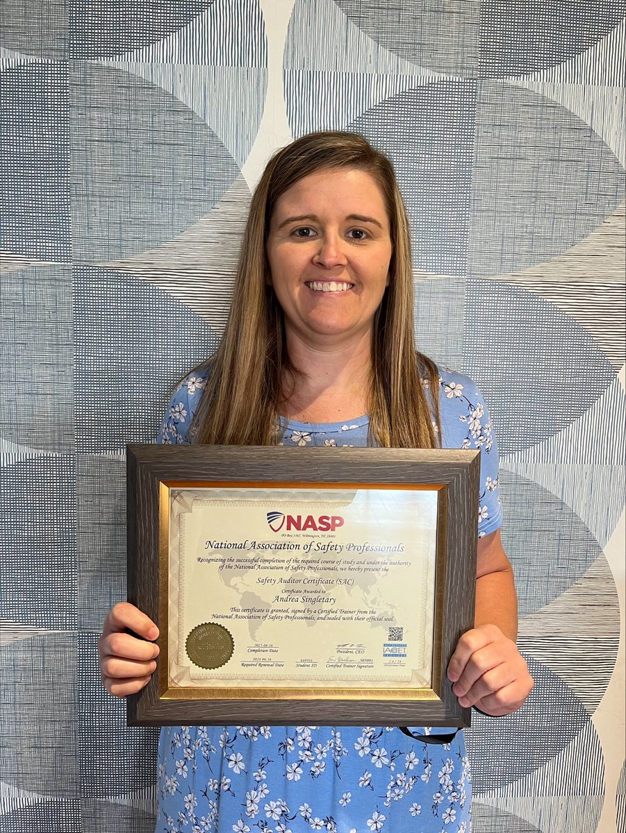 Congratulations to readySC project coordinator and instructor, Andrea Singletary, on earning the National Association of Safety Professionals (NASP) Safety Auditor Certification!