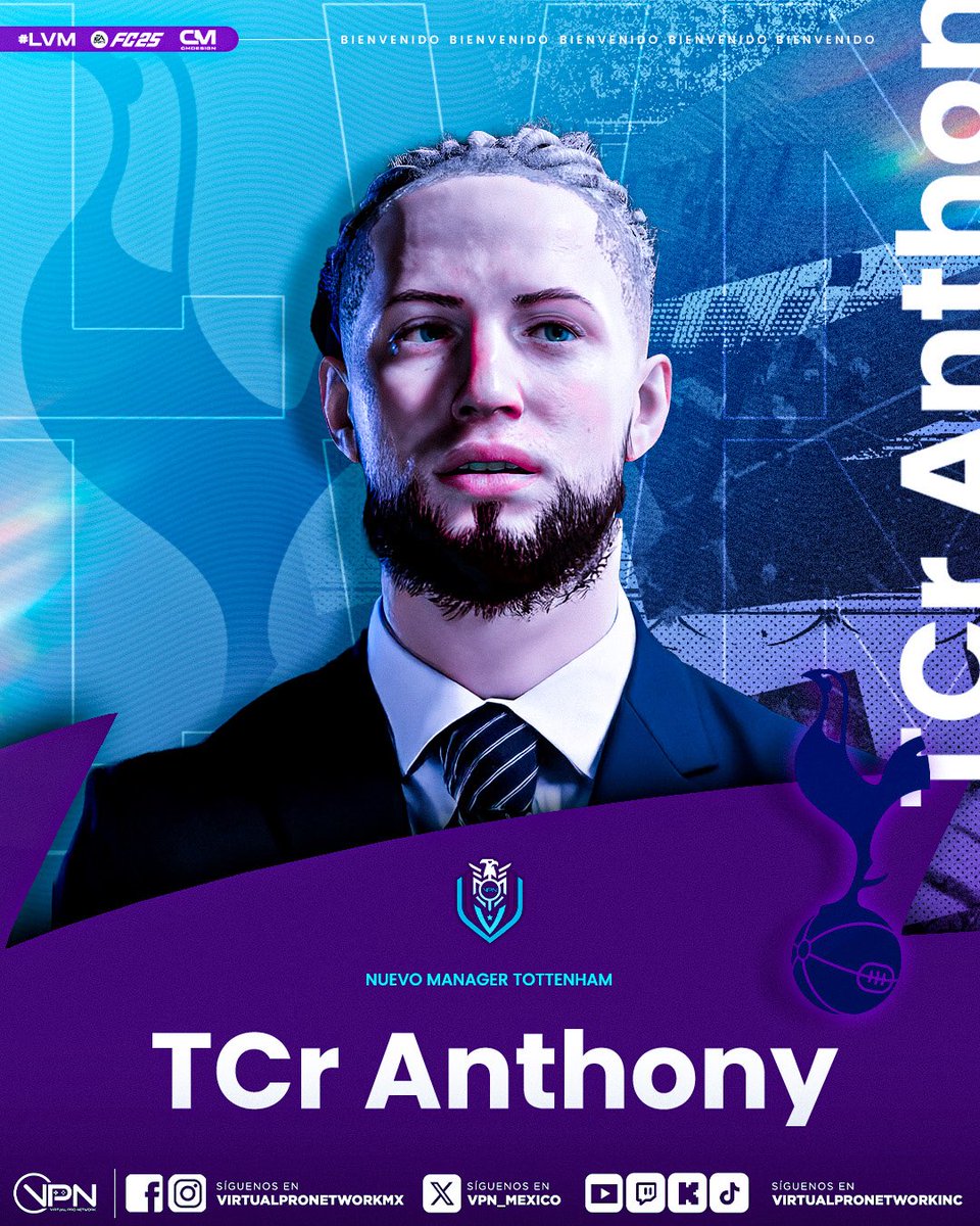 Con un excelente papel al mando de TcR Gaming en las últimas temporadas, TcR Anthony llega como el nuevo DT del LVM Tottenham, bienvenido! 🫡⚽️

#ligasvpn #vpnmexico #eafc25 #VirtualProNetwork #ClubesPro #ProClubs #lvm #premierleague