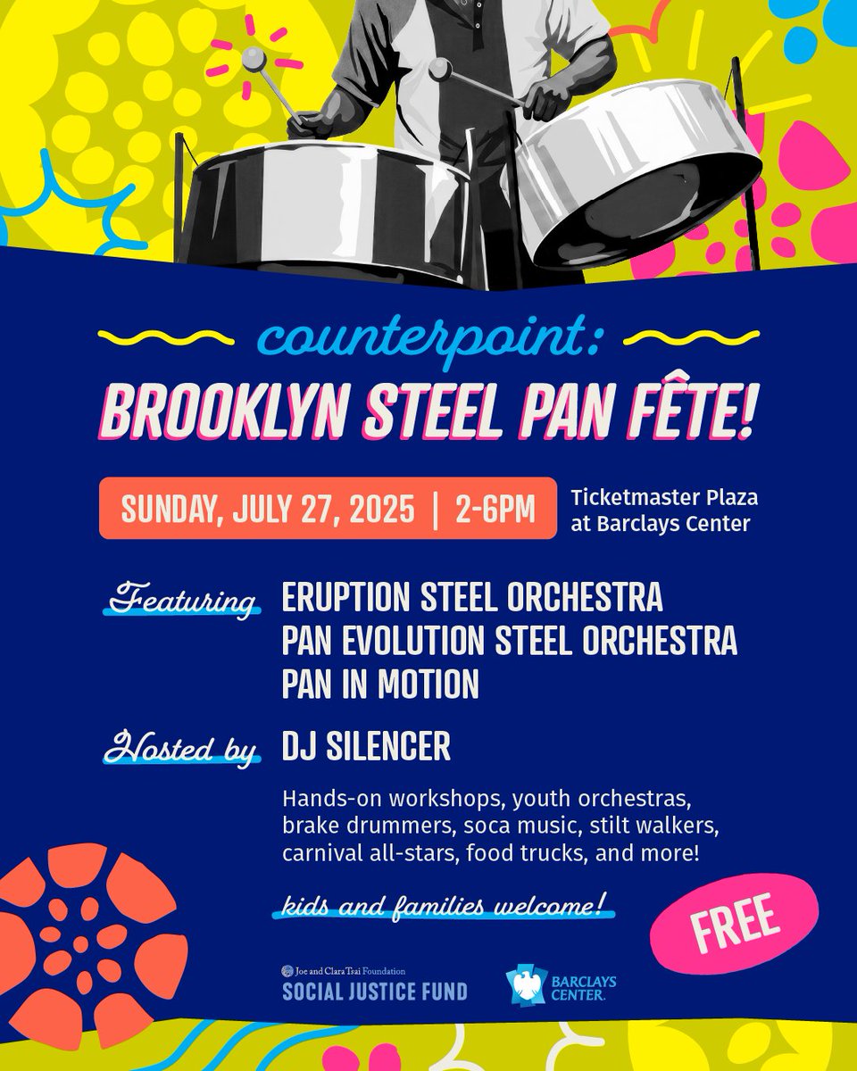 🎶 Feel the Caribbean rhythm at Brooklyn Steel Pan Fête! 🎵
📅 Sun, July 27 | 🕑 2–6PM
📍 Ticketmaster Plaza, Barclays Center
🎧 DJ Silencer + top steel orchestras, food, workshops &amp; more!
🎉 FREE &amp; family-friendly!
#BrooklynSteelPan #FreeEvent